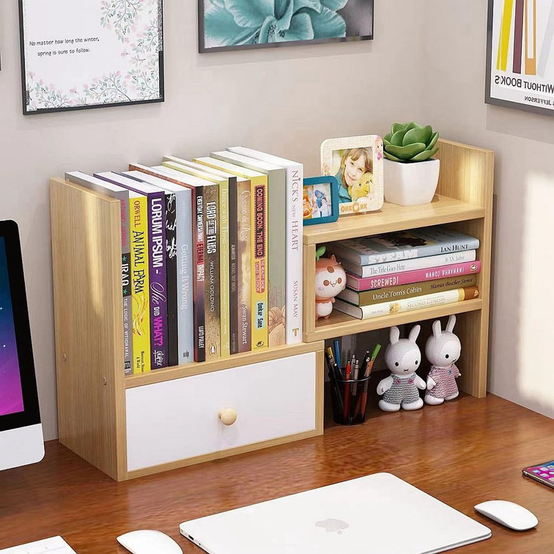 Simple Solid Wood Desktop Student Bookshelf, Desktop Storage Shelf Office Desk File Organizer Cabinet Storage Shelf With Drawer (Type-A (Oak+White)), 2-Tier