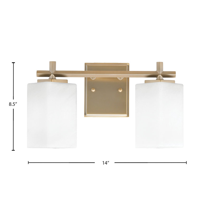 Barre d'éclairage de salle de bain 2 lumières avec verre carré en marbre blanc Franklin 3,5, Laiton
