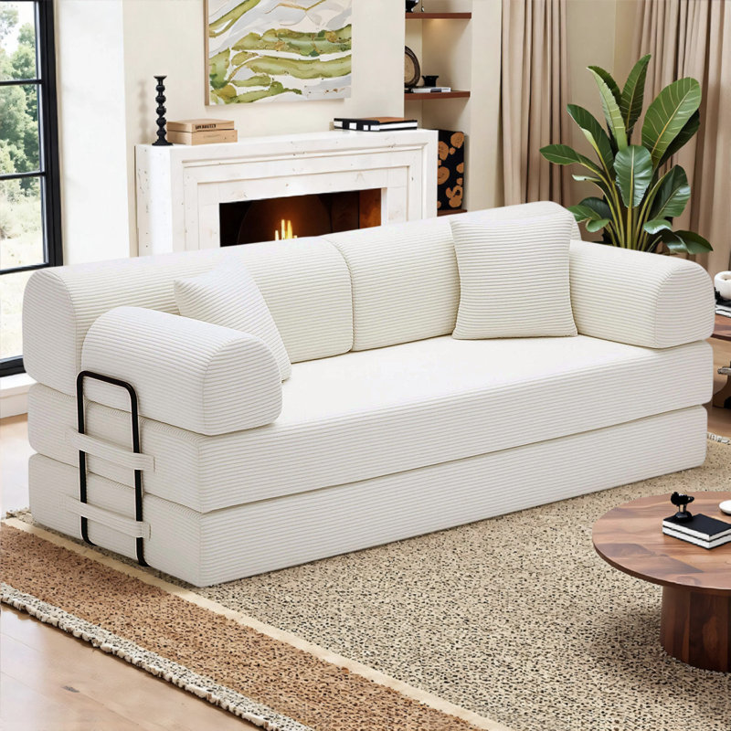 5-in-1 Convertible Sofa Bed - No Assembly Required, 78.7" Oversized Sleeper Sofa, FrameLess Boneless Couch & Removable Washable Corduroy Covers, Includes 2 Pillows, Beige
