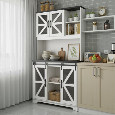 70.87"H Rustic Kitchen Pantry With LED Lights & Charging Station, Sliding Barn Door Storage Cabinet With Adjustable Shelves