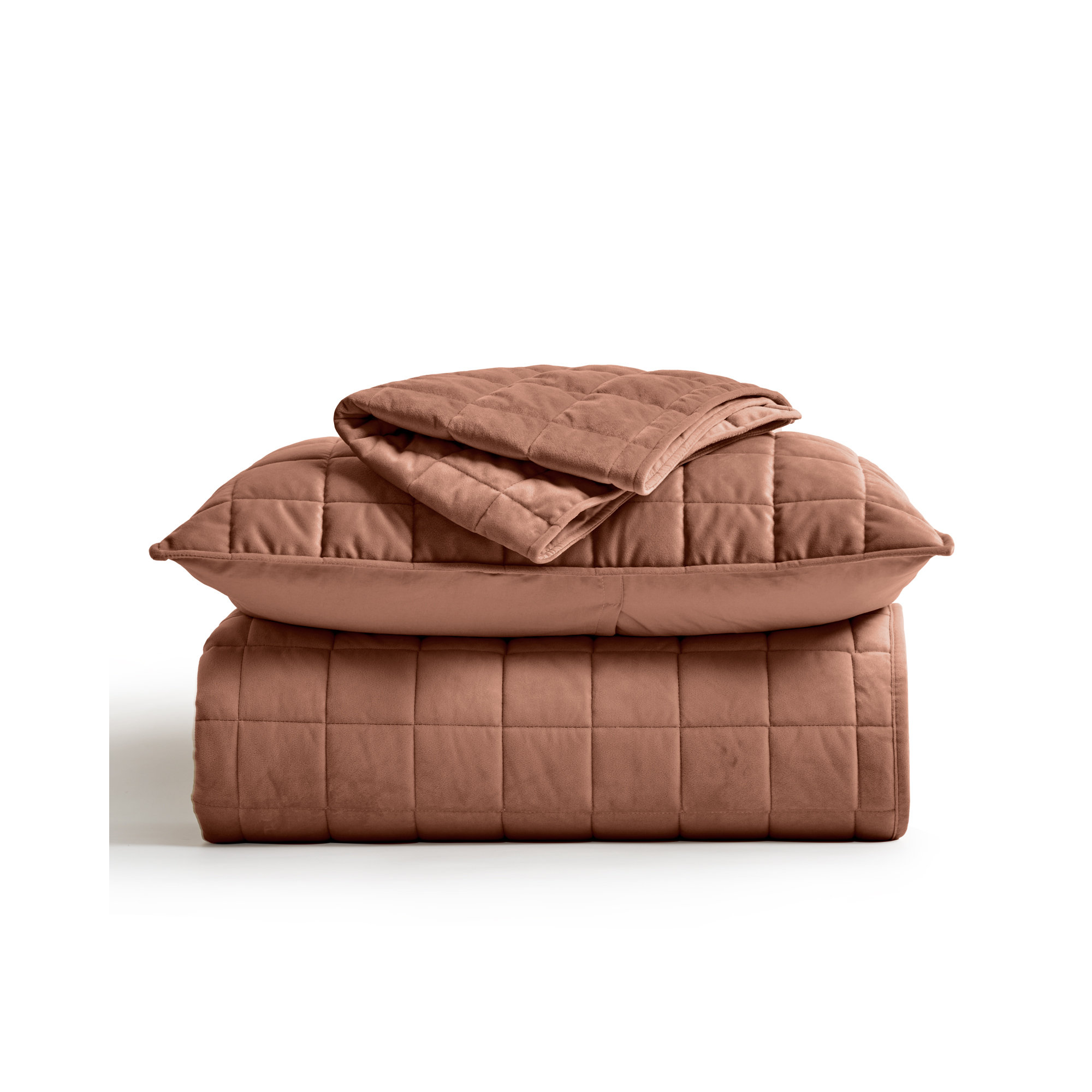 Box Stitch PearlVelvet Quilt set, Queen Quilt + 2 Standard Shams, Terracotta Clay