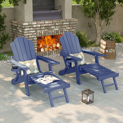 2pcs Folding Adirondack Chair with Retractable Ottoman and Cup Holder Adjustable Adirondack Chair with Footrest Set