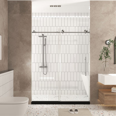 Shower Door 76" H 56 - 60" W 1/4"  6 Mm  Clear Tempered Glass Stainless Steel Handle With Brushed Nickel Transmitting Large Wheels And Round Tracks For Smooth Quiet Sliding Bottom Water Blocking