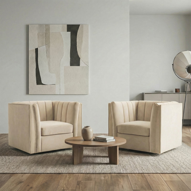 35.4'' Wide Upholstered Swivel Chair, White Chenille