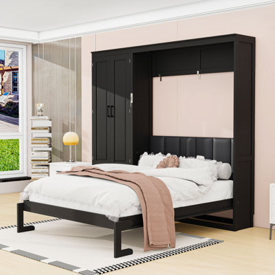 Grand lit escamotable en bois avec garde-robe de rangement et tiroirs