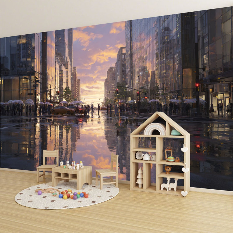 Adhésif mural amovible Peel and Stick City Street Sunset Reflections, L 69 po x l 96 po