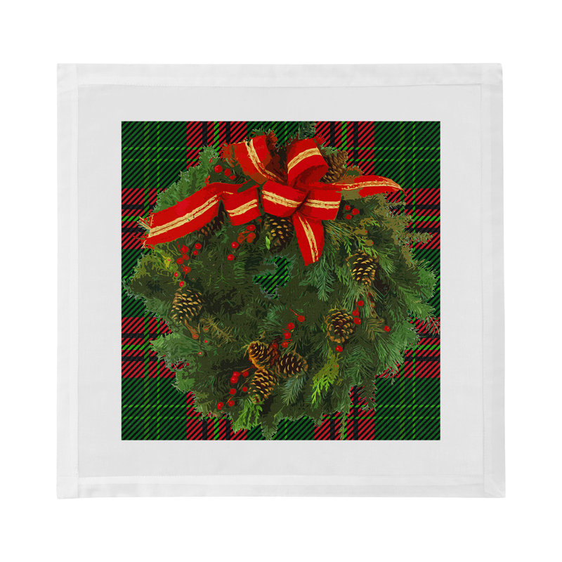 Christmas Wreath Cotton Sateen Dinner Napkins, Tartan Green