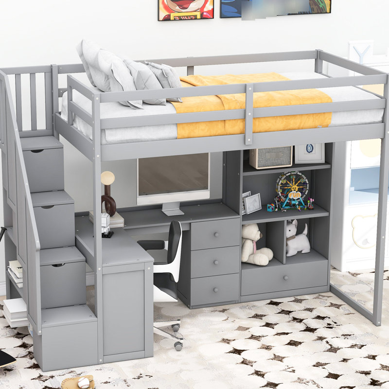 Lit mezzanine simple avec bureau en L, armoire, tiroirs et escalier incontestable - bureau et rangement gris, Gris