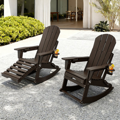 HDPE Adirondack Folding Rocking Chair With Retractable Ottoman And Cup Holders