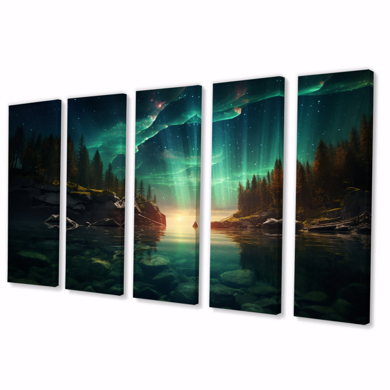 «Magical Lake Landscape Aurora Borealis I», reproduction d'art sur toile Northern Lights - 5 panneaux égaux