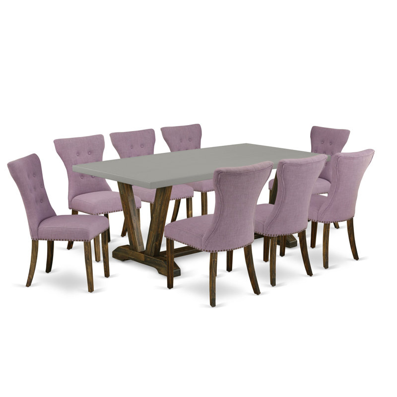 Ensemble de table de salle à manger 9 pièces moderne comprenant une table rectangulaire en bois avec pieds en V et 8 chaises de salle à manger Parson en lin Dahlia