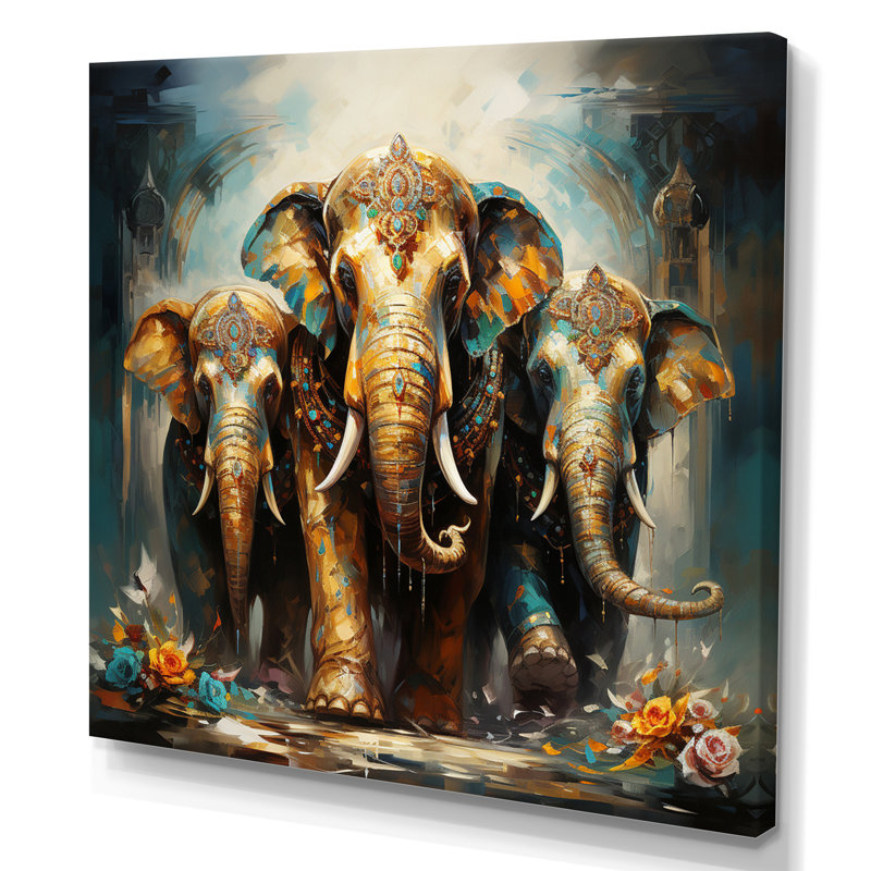 Art asiatique, éléphants thaïlandais X - Art mural asiatique, 44" H x 44" W, Toile tendue