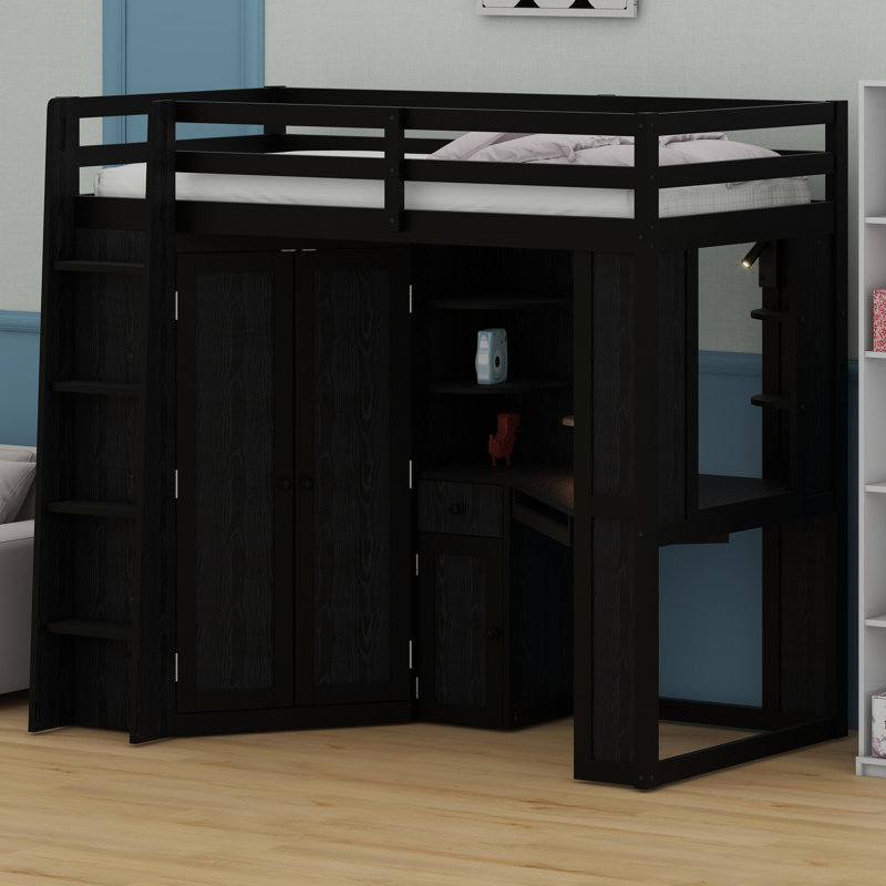 All-in-One High Loft Bed with Integrated Wardrobe, Built-in Desk, Pull-out Keyboard Tray, Charging Hub, and Dual Spotlights