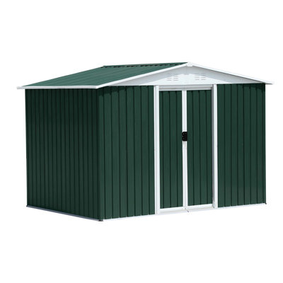 Remise de rangement extérieure 8 pi 6 po, vert, toit Apex, cadre en aluminium, porte coulissante