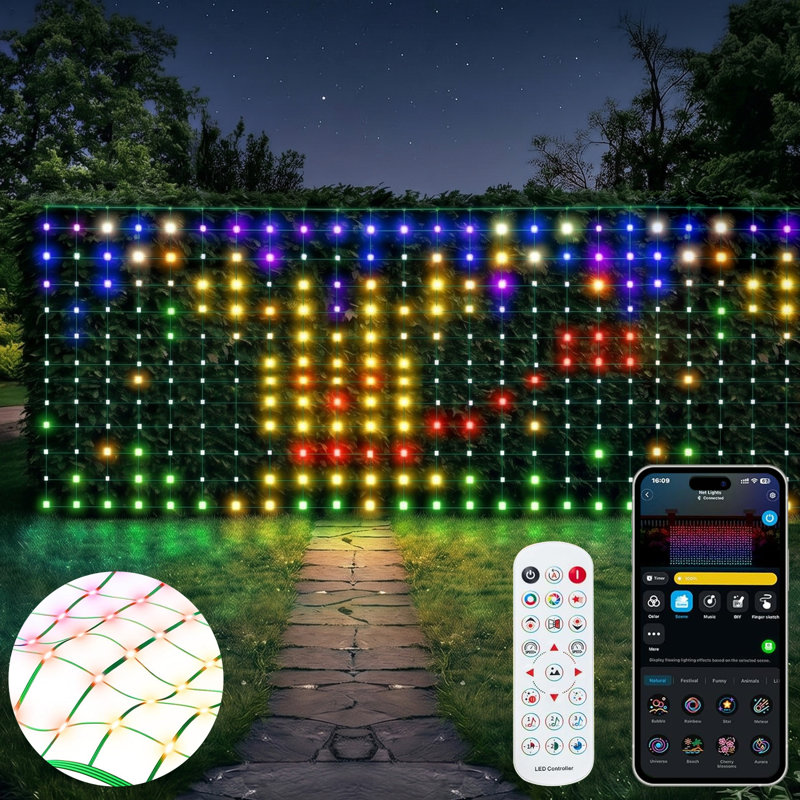 Smart Net Lights,RGB and DIY Functions,600 LEDs Outdoor Net Lights with 64 Modes for Bush Patio Decor,Waterproof,Green Wire