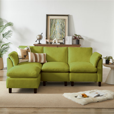 Modern L-Shaped Chenille Upholstered Sectional Couch for Living Room, 3 Seater Cloud Sofa with Ottoman-Green