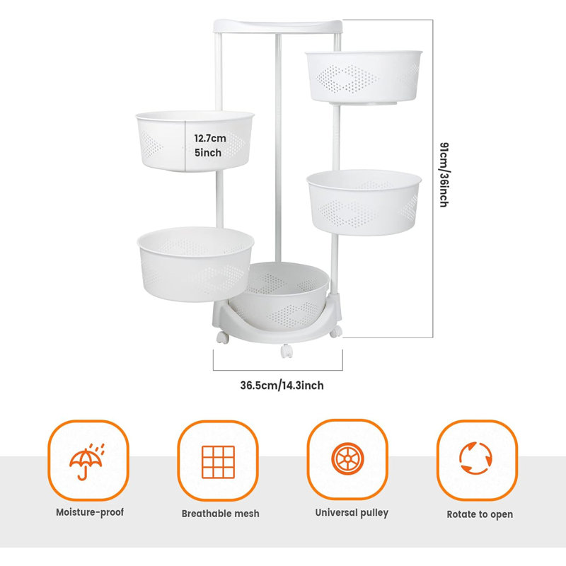 5-Tier Rotating Storage Basket Organizer, Durable PP Plastic Multi-Purpose Rack For Kitchen, Pantry, Bathroom & Home, Space-Saving Design With Breathable Grid Pattern