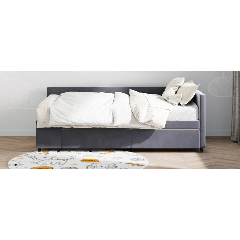 Lit plateforme simple tapissier en forme de L avec rangement et tiroirs, Gris