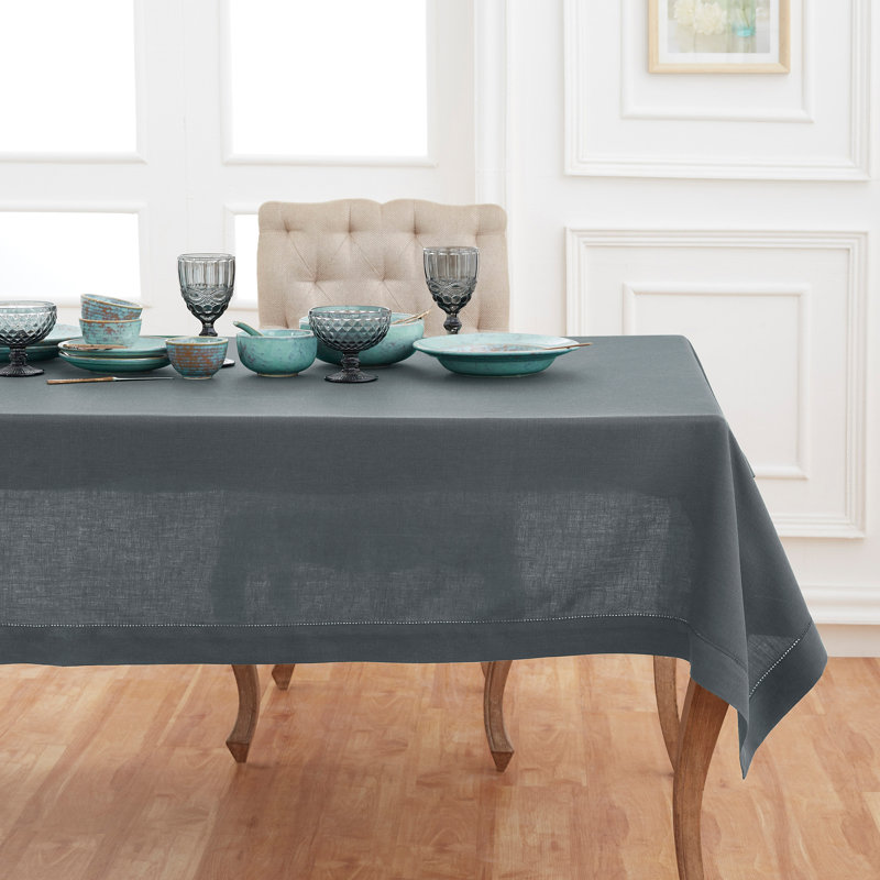 100% Pure Linen Hemstitch Table Throw - Classic Hemstitch, Lava Smoke