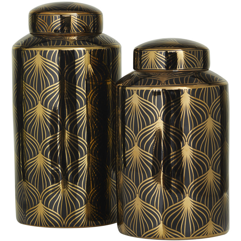 Ceramic Decorative Jars with White Floral Patterns Set, Black