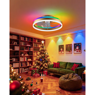 Ventilateur de plafond RVB avec lumières, ventilateurs de plafond à profil bas avec lumières et télécommande, lumière de ventilateur encastrée à DEL, Fandelier moderne sans pales pour chambre à coucher avec application, or 16 po