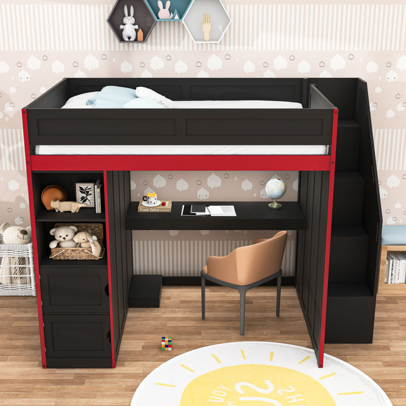 Lit mezzanine en bois avec bureau, lumière DEL, garde-robe et tablettes de rangement, Lit double