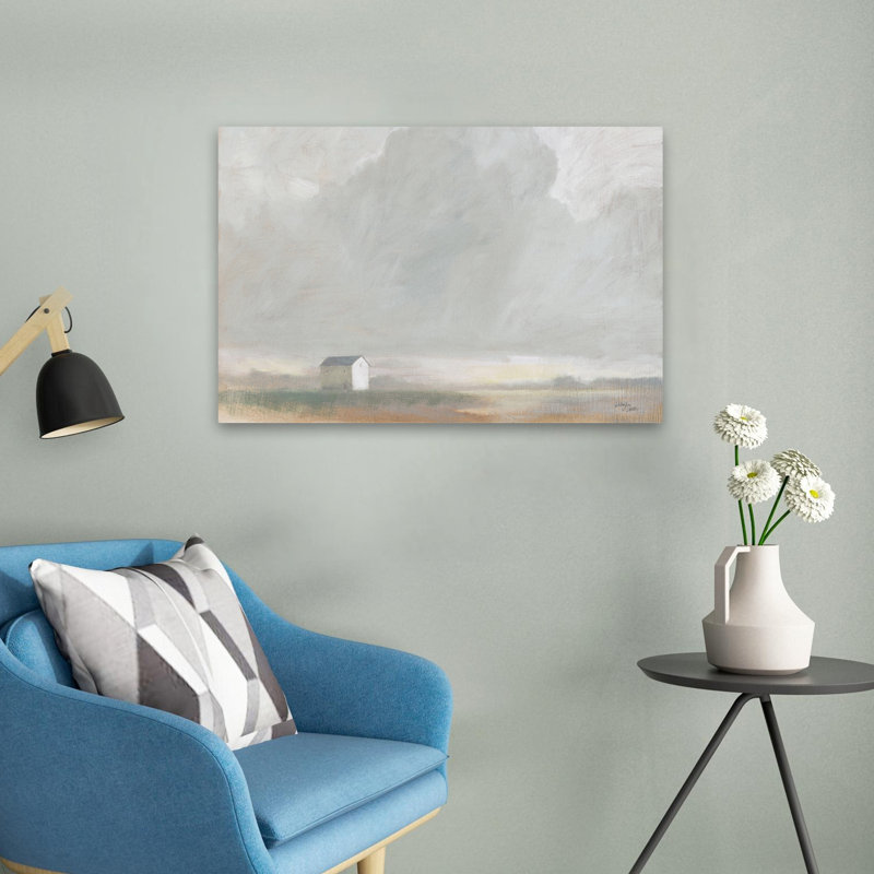 Maison contemporaine dans la brume, H 24 po x l 16 po