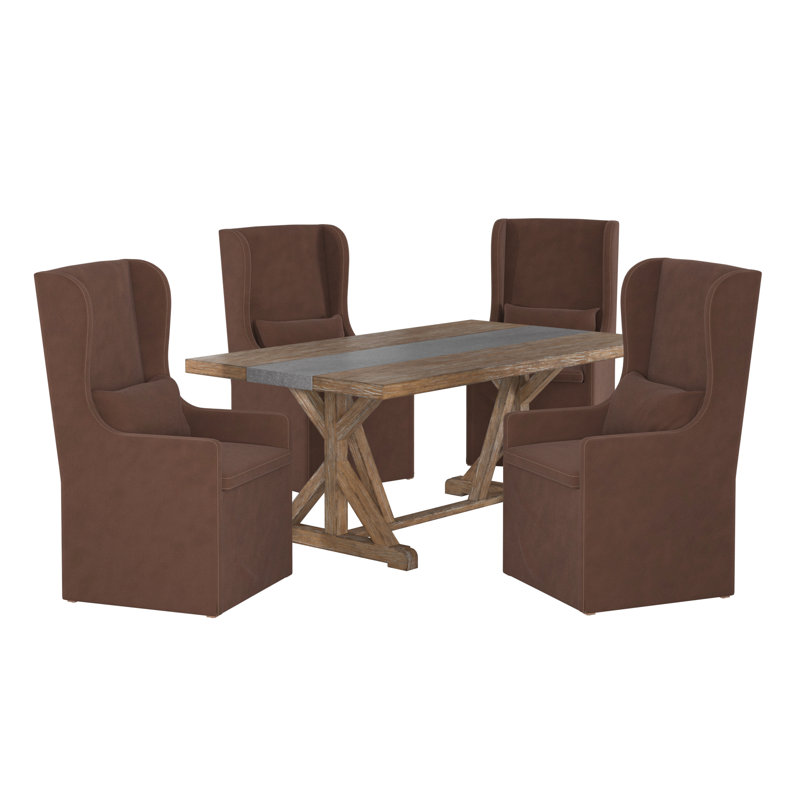 Baxter Concrete Veneer Top Dining Table And Slipcovered Wingback Parson Chairs Set - Stripe Concrete Veneer Top Table, Fabric Cover Chairs