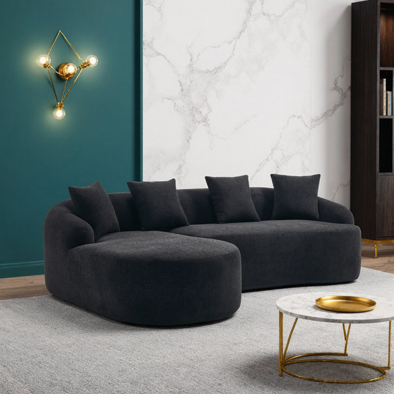 Canapé modulaire noir en L modulaire avec méridienne incurvée et assise profonde en mousse haute densité chenille