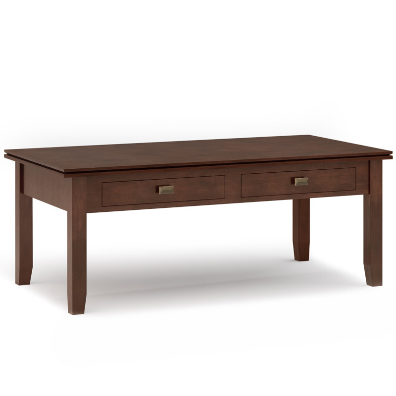 Table basse à plateau relevable contemporain en bois massif l 46 po Artisan avec compartiment de rangement dissimulé, tablette ouverte et boutons carrés