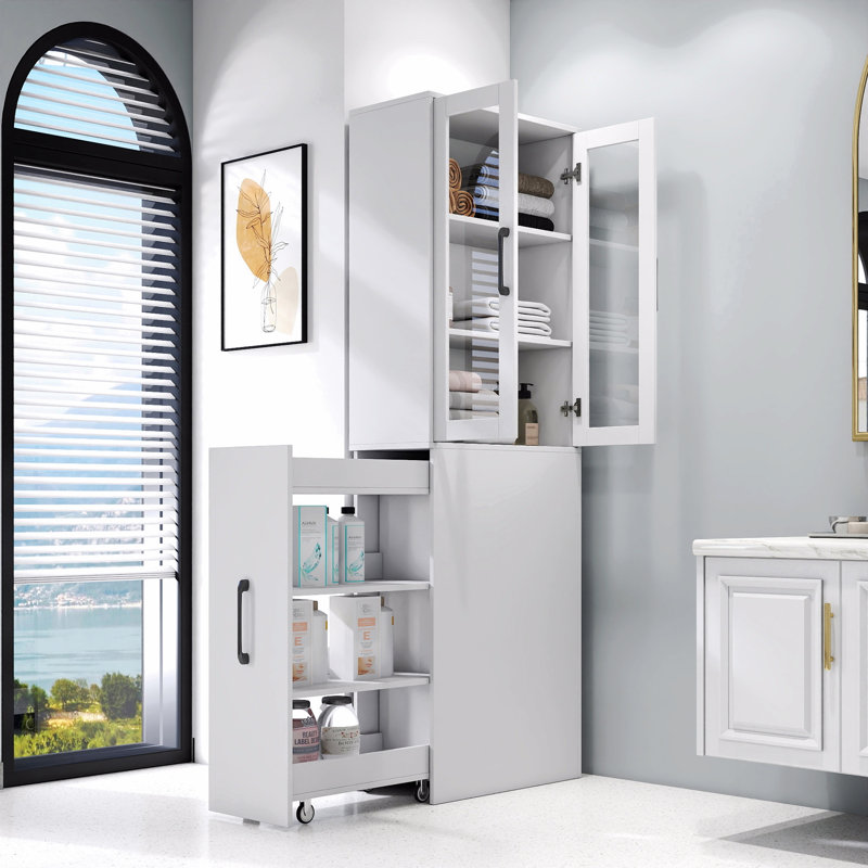 70.87" H Display Storage  Cabinet , 4 Tier Multi-Functional Pull-Out Multi-Tier Storage Shelf & 2 Glass Doors, Modern Wooden  Kitchen Pantry Cabinet