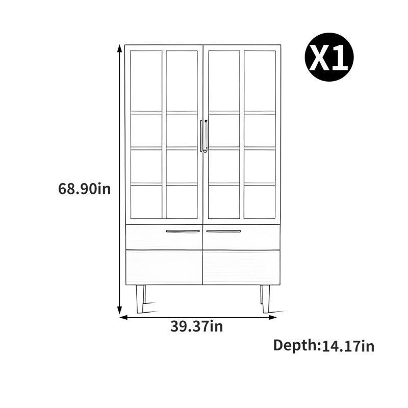 Bibliothèque de style européen entièrement fermée, (4 tablettes) H 68,9 po x l 39,37 po x P 14,17 po