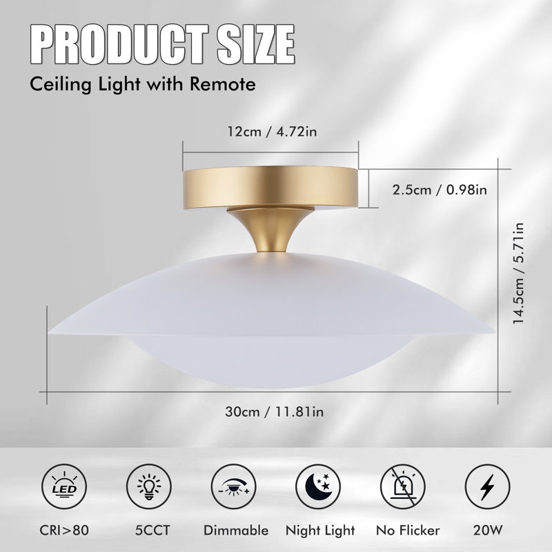 Plafonnier semi-encastré moderne à DEL de 30 cm (11,8 po) avec télécommande, 5 CCT, température de couleur de 2700 K à 6500 K, intensité variable, blanc, style moderne du milieu du siècle, idéal pour la cuisine, le corridor ou la buanderie.