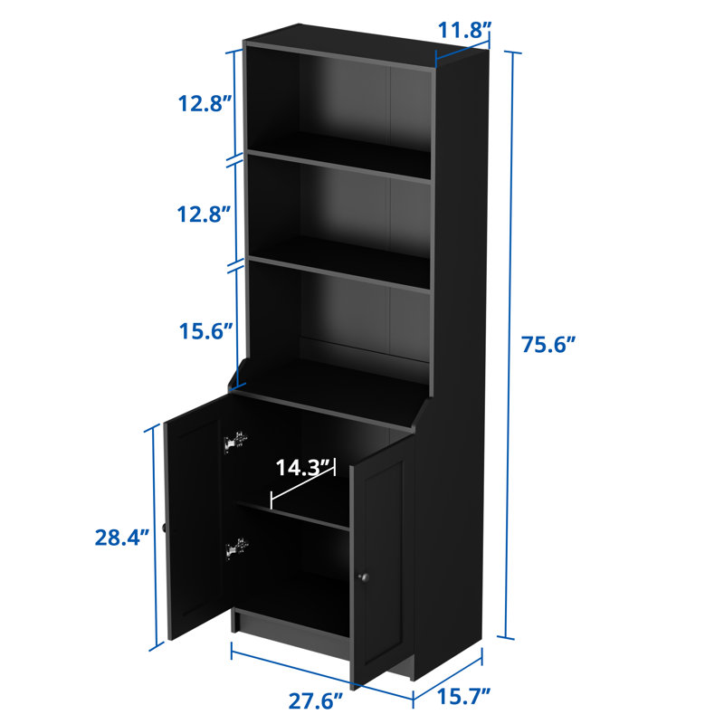 Damilja 27.5" W x 75.5" H Standard Bookcase 3 Shelf with Two Doors, Black