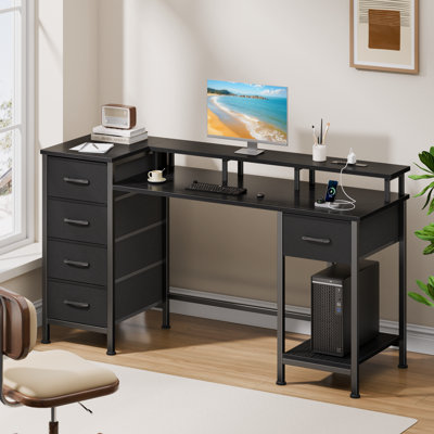 Reversible Computer Desk with Charging Station, File Cabinet, Storage Shelves & Monitor Stand, Home Office Workstation