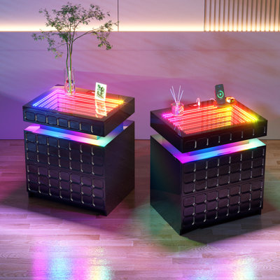 50cm W Bedside Table with 3D Mirror Abyss and Sensor RGB Lighting, 2-Drawer Bedside Table with Hidden Storage And Lockable