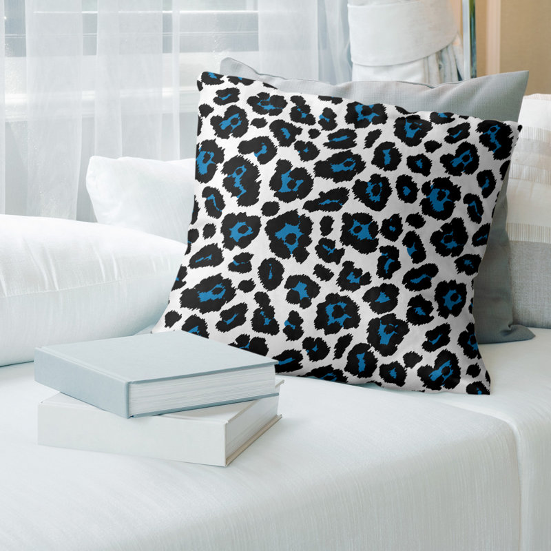 Housse de coussin carrée à imprimé léopard Detroit football, Blanc / noir / bleu, 14 po x 14 po, Faux lin