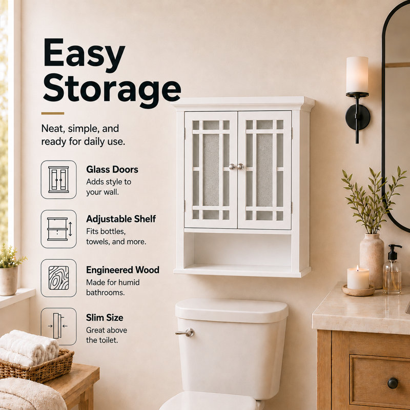 Caleb Removable Two-Door Wall Cabinet with Glass Mosaic Doors, Adjustable Shelf for Bathroom or Home Storage, White