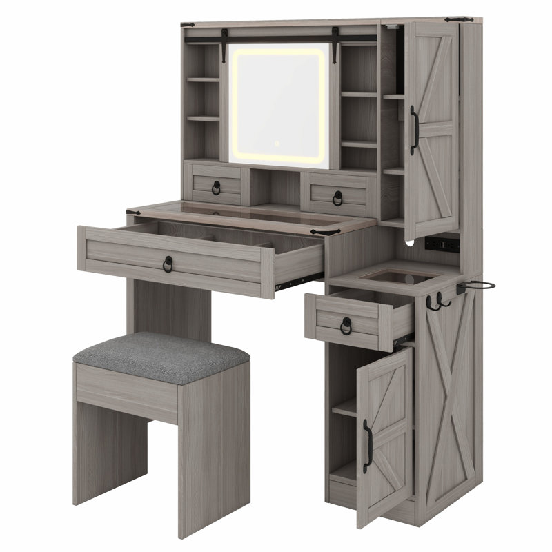 Meuble-lavabo avec miroir coulissant et lumières, Gris