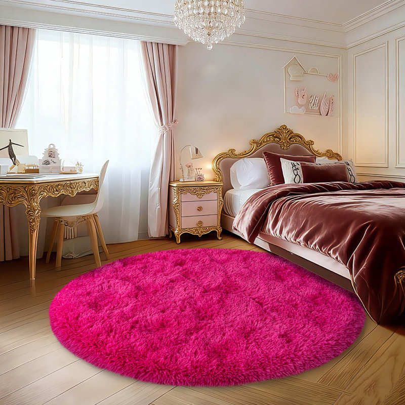 Pink Velvet Round Rug Non-Slip Shaggy Round Rug 5 ft Silk-Blend Rug Round Shag Rug Perfect for Teen Rooms Suitable for Bedrooms Suitable for Living Rooms Antibacterial Durable Material