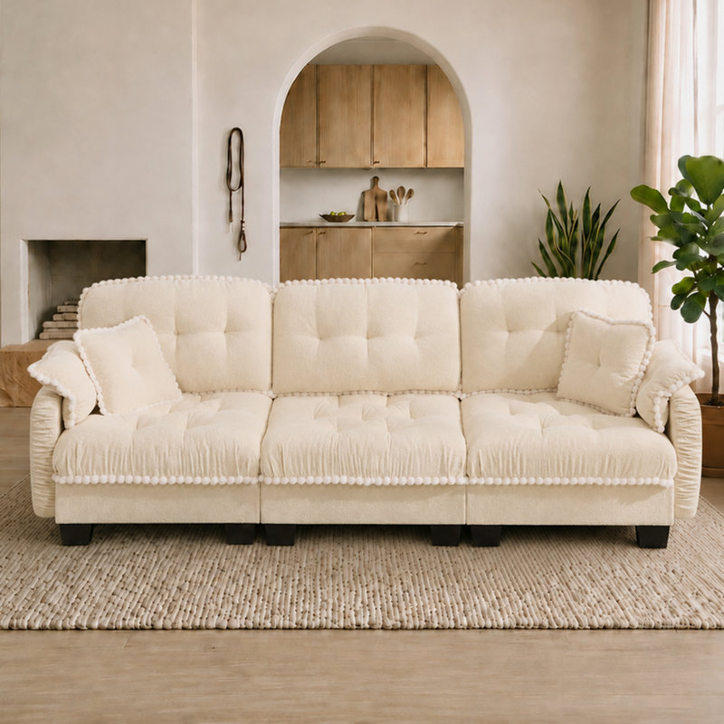 Canapé en chenille 100,7 po Cloud avec coussin lombaire et garniture pompon, Beige