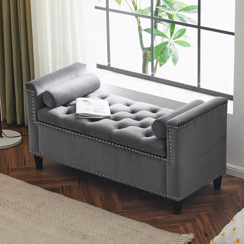 Upholstered Storage Bench, Queen Velvet Button Bedside Bench, Entryway Living Room With Armrests, Nailhead Trim, Gray
