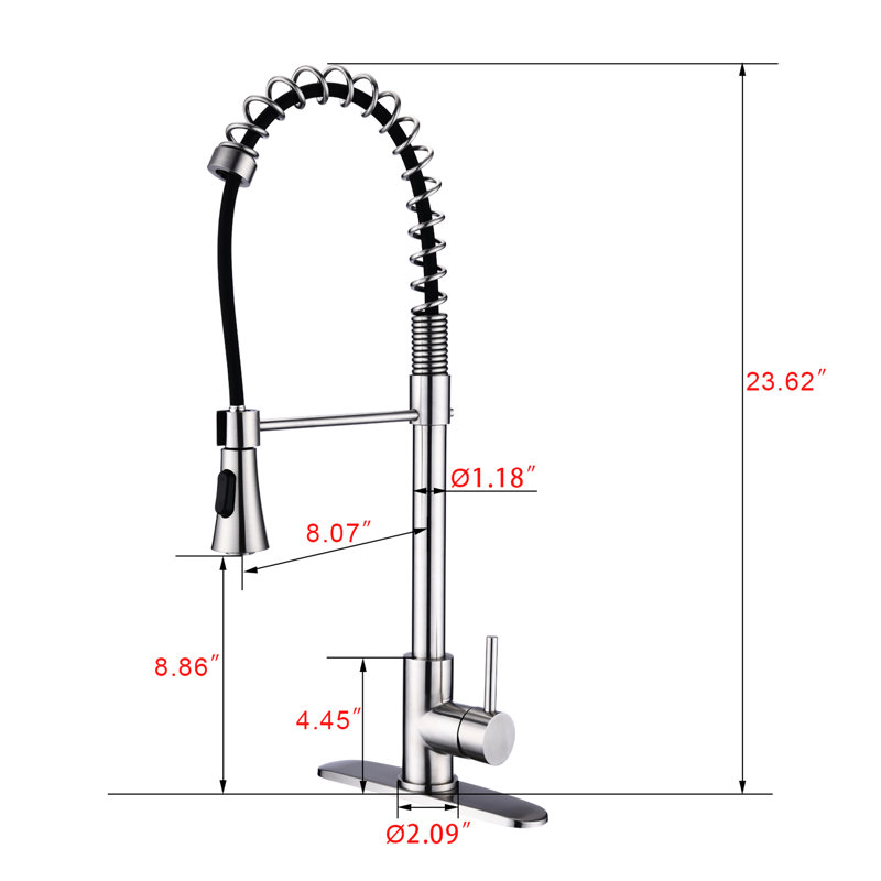 Robinet de cuisine en acier inoxydable avec finition en nickel brossé - Ressorts à poignée simple à grande arche, rétractable, à rayures et à rouille
