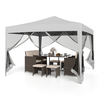 10 FT x 10 FT Pop-Up Canopy Tent w/ Mesh Netting Carry Bag 8 Stakes & 4 Ropes Outdoor Rustic Brown