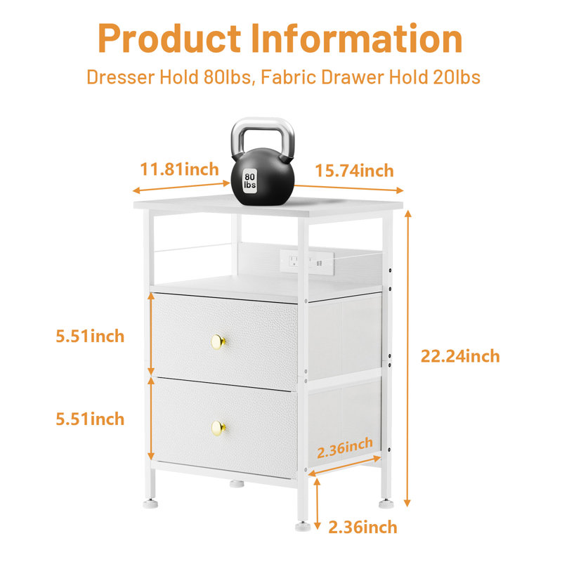 White LED Nightstand with 3 Drawers and Charging Station