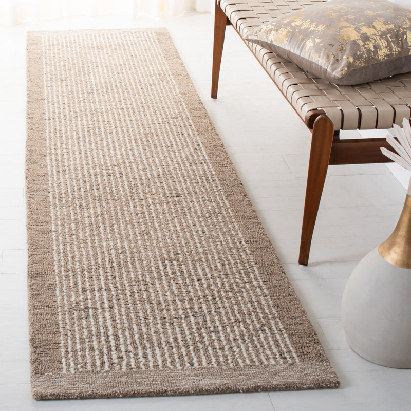 Ardme Hand Tufted Wool/Cotton Striped Rug in Ivory/Light Brown, Runner 2'3" x 9'