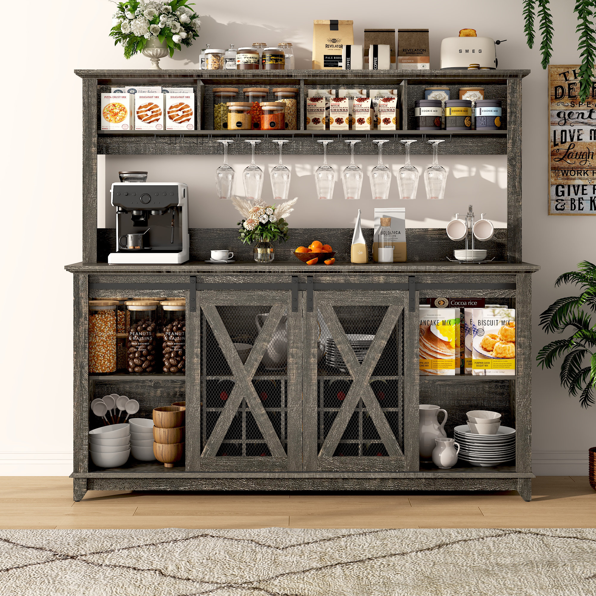 Coffee Bar Hutch 55 Farmhouse Coffee Bar With 3-Tier Storage