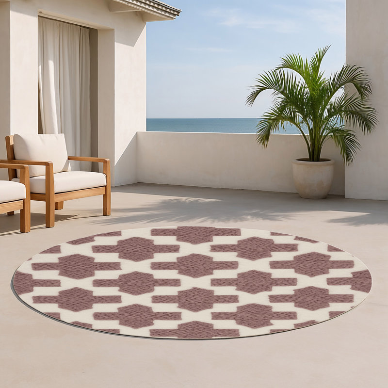 Checkered Beige Indoor and Outdoor Area Rug, Round 5'