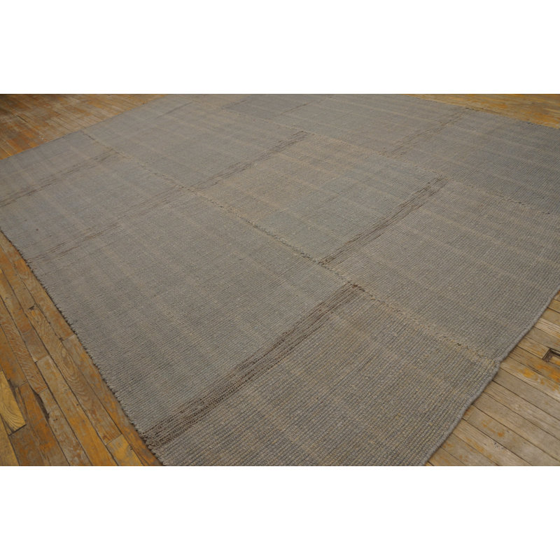 Tapis bleu clair / gris en laine noué à la main de conception unique 9 pi x 12 pi