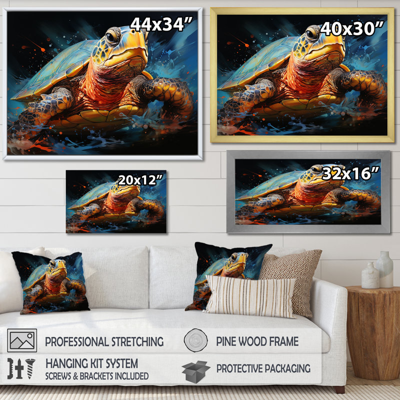 Représentation d'un voyage aquatique avec des tortues, Cadre simple noir, H 16 po x l 32 po x P 1 po